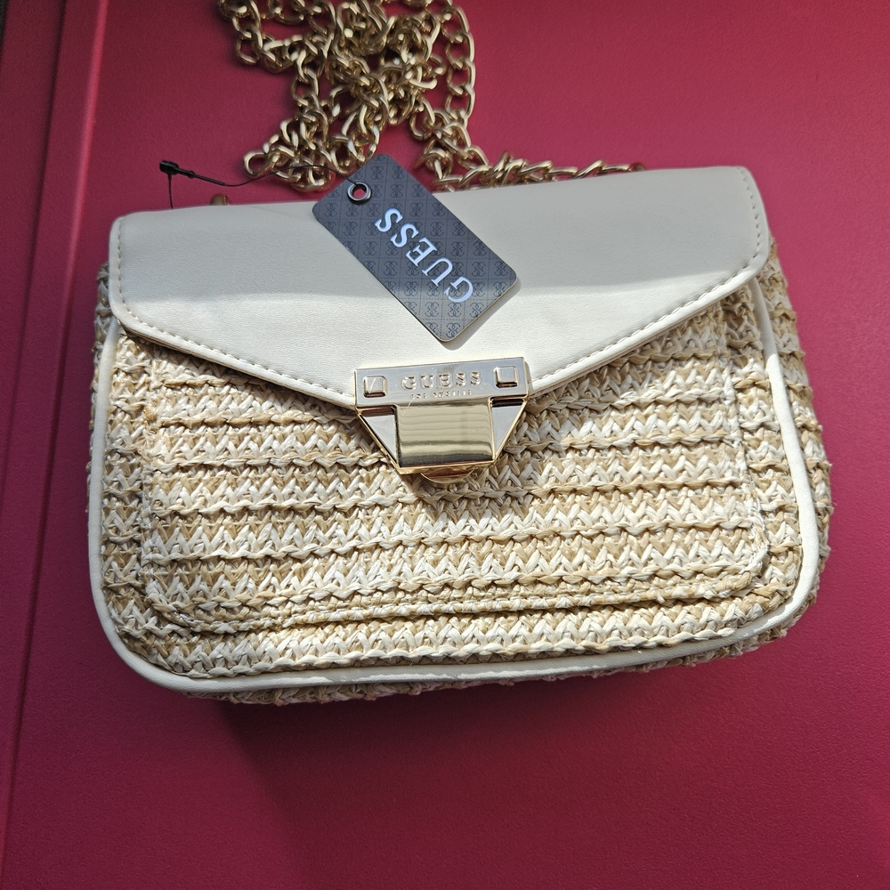 Guess Cream and Tan Woven Crossbody Bag with Gold Chain